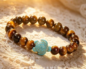 3A Natural Tiger's Eye Turtle Bracelet, Turquoise Tortoise Beaded Stretch Bracelet