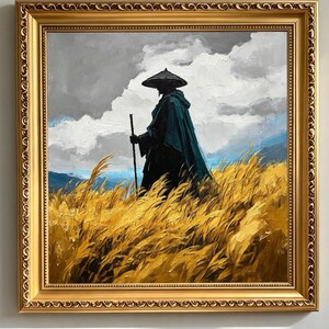 Oljemålning Ensam figur i gyllene fält – Dramatisk natur, storlek 10 cm 20 cm 30 cm 40 cm Beställd oljemålning från foto Present till henne och honom
