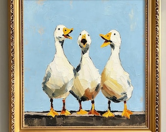Tres patos graznando, pintura al óleo pintada a mano – Decoración de pared para restaurante, tamaños 4", 8", 12" y 16". Pintura al óleo personalizada a partir de una foto. Regalo para ella y para él.