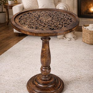 Hand-Carved Mango Wood Round Side Table, Rustic Boho Accent Plant Stand