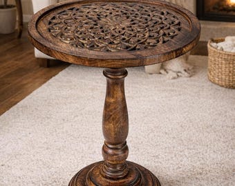 Hand-Carved Mango Wood Round Side Table, Rustic Boho Accent Plant Stand