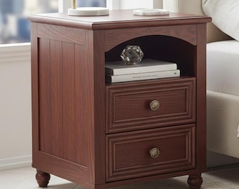 Farmhouse Wooden Nightstand with Charging Station, Rustic End Table Storage