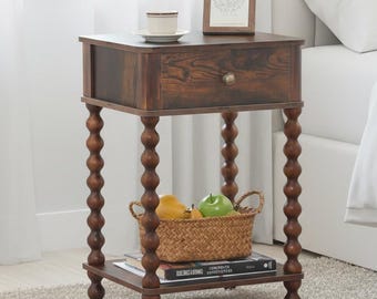 Mid-Century Modern Nightstand: Rustic Brown Wood Bedside Table with Drawer