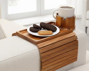 Acacia Wood Couch Arm Tray Table, Foldable Sofa Cup Holder Snack Phone Stand