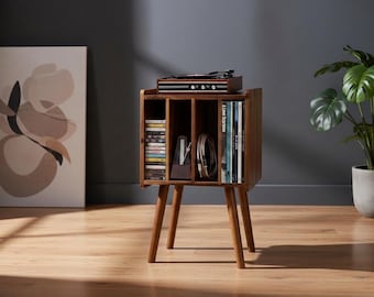 Acacia Wood Record Organizer Stand, Rustic Vinyl Storage Table, 100 LPs Holder