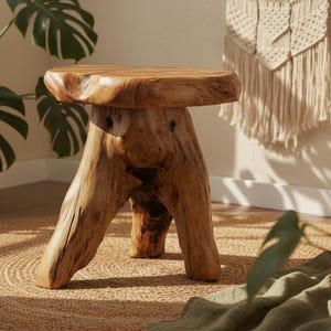 May include: A handcrafted wooden stool with a natural, organic design. The stool features a round seat and three sturdy legs, showcasing the wood's unique grain and texture. The stool is a warm, natural brown color and is perfect for adding a touch of rustic charm to any space.