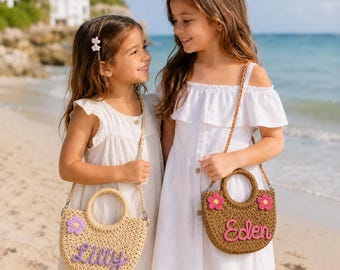 Bolso bandolera de paja personalizado para niñas, bolso de niña de las flores con nombre personalizado, bolso de playa forrado para niñas