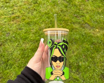 Billie Eilish Inspired Glass Can Cup | 16oz Iced Coffee Tumbler with Bamboo Lid