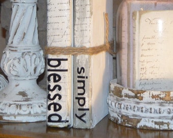 Book Stack, Painted Books, simply blessed, Old Books Farmhouse Decor, Distressed Vintage Books, Vintage French Script Decor, Altered Books