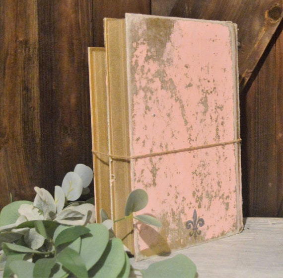Painted Vintage Book Stack, Pink French Letter, Shabby Chic Decor