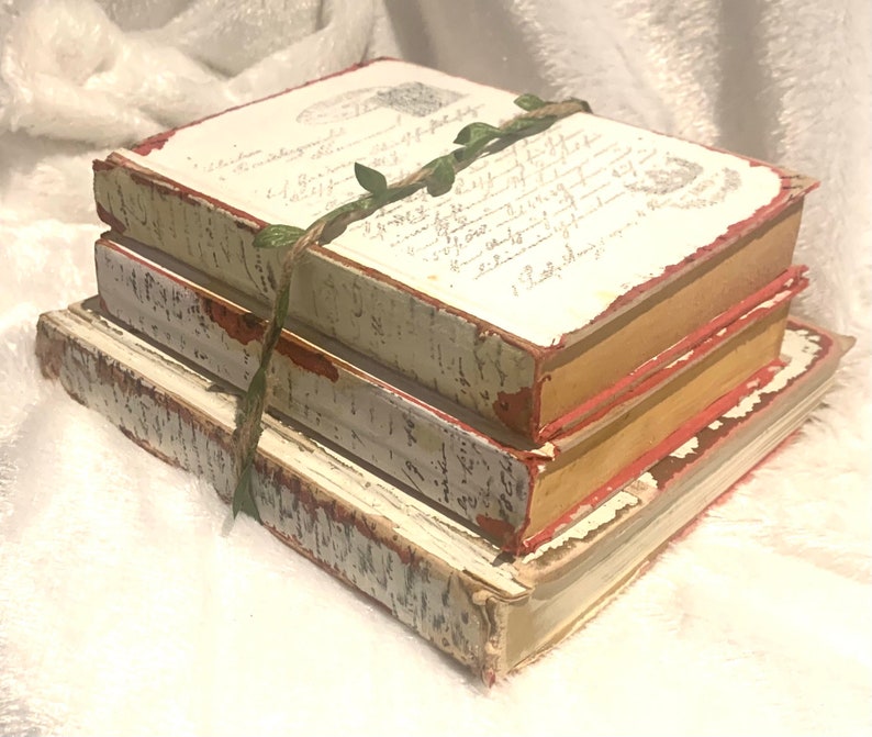 Pode incluir: Uma pilha de tr&ecirc;s livros de estilo vintage com capas brancas e bordas vermelhas. O livro superior tem uma inscri&ccedil;&atilde;o manuscrita e est&aacute; amarrado com uma fita de barbante e folhas verdes.