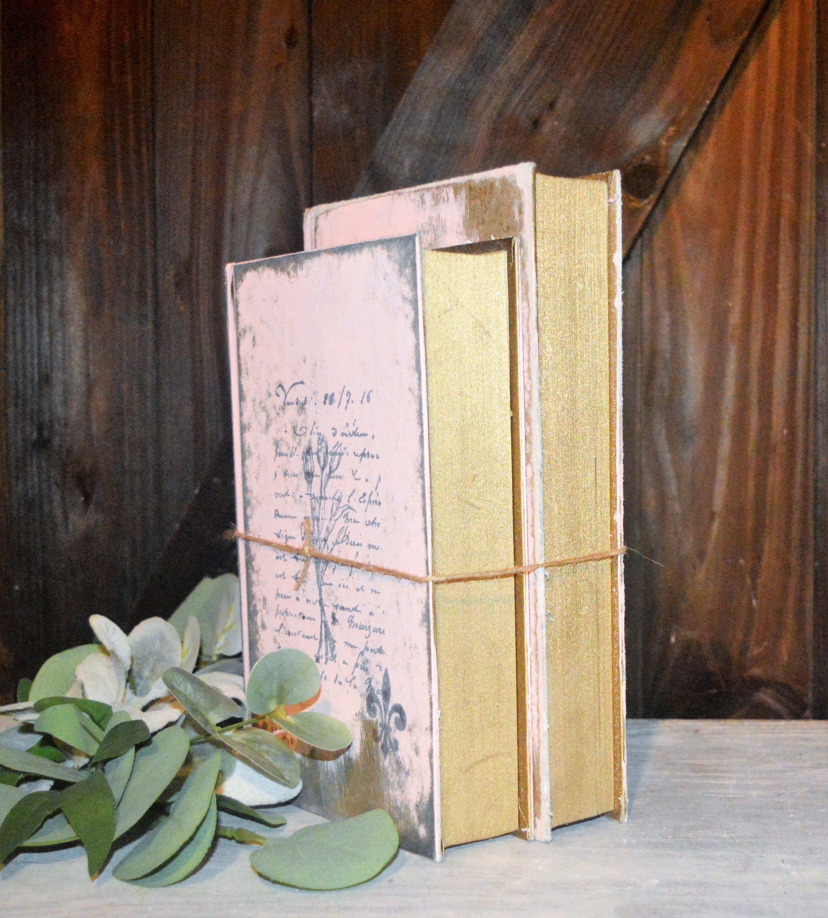 Painted Vintage Book Stack, Pink French Letter, Shabby Chic Decor