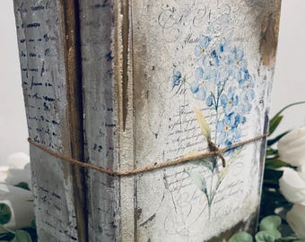 Custom Order, set of 3 Creamy White and Light Blue, Old French Look Book Stack, French Script and Blue Botanical Accents