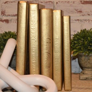 May include: A set of five gold-painted books with titles visible on the spines. The titles are "The Teacher Who Couldn't Read", "Ingsburry Between Sunday", "Gap Creek", "River Rising", and "Ultimate Doom".