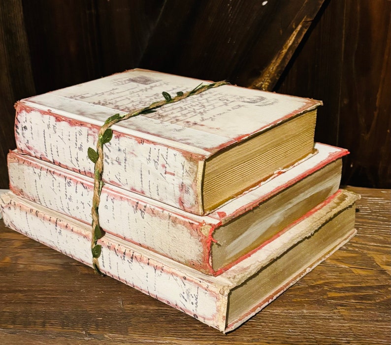 Pode incluir: Uma pilha de tr&ecirc;s livros de estilo vintage com capas pintadas de branco e bordas vermelhas. O livro superior tem uma videira verde enrolada ao redor.