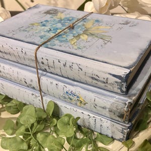 May include: A stack of three blue books with a floral design and white painted edges. The books are tied together with twine.