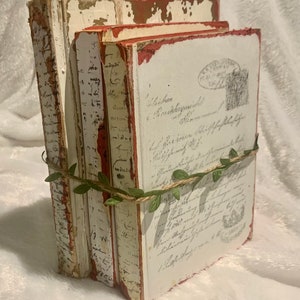 Book Decor, Rustic Old books, Farmhouse Boho Vintage Book set, Bookshelf Decor, French Script, Red Books, Gift for Book Lover, Home Staging image 3