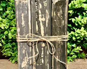 Vintage Book Bundle, Neutral, Natural Farmhouse Decor, Set of 3 Old Black Books, Decorative Books