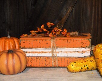 May include: Three orange and white books stacked on top of each other, tied together with twine. The books are decorated with a autumnal theme and have a rustic look. There are two orange pumpkins and two yellow corn cobs in front of the books.