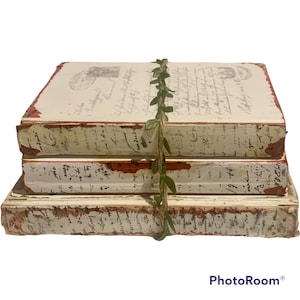 Pode incluir: Uma pilha de tr&ecirc;s livros de estilo vintage com bordas pintadas de vermelho e p&aacute;ginas brancas com texto escrito &agrave; m&atilde;o. Os livros est&atilde;o amarrados com uma guirlanda verde.