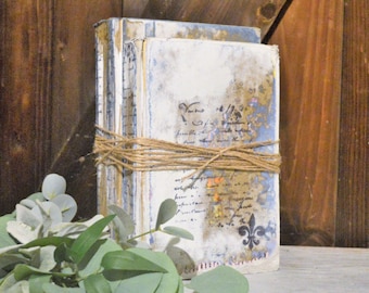 Old books, Farmhouse Vintage Book Decor, Book Stack, Chalk Painted White, Gold, French Script, Distressed Painted Books, Wedding Table Decor