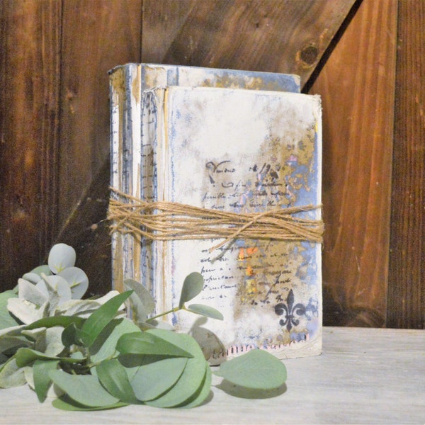 Old books, Farmhouse Vintage Book Decor, Book Stack, Chalk Painted White, Gold, French Script, Distressed Painted Books, Wedding Table Decor