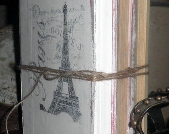 Vintage Book Decor, Stack, Chalk Painted White, French Script - Distressed, Fleur de Lis, Eiffel Tower