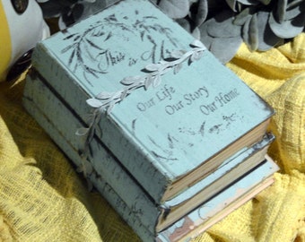 Painted Books, Farmhouse Book Stack, Distressed Vintage Books, This is Us, Chalk Painted Aqua Books, Altered Books, Painted Leaf Garland