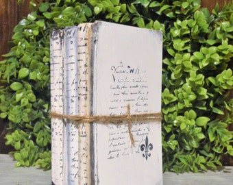 Books for Staging, Rustic Farmhouse, Wedding Decor, Vintage Book, White Book, French Script, Realtor Closing Gift, Housewarming Gift, Office