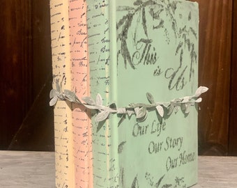 Painted Vintage Books Bundle, Cream Pink Aqua, "This is Us" Farmhouse Decor