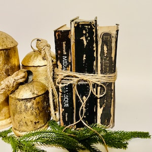 Black Vintage Book Stack, Distressed Antique Books, Dark Academia Decor, Rustic Shelf Objects