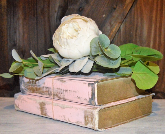 Painted Vintage Book Stack, Pink French Letter, Shabby Chic Decor