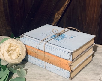 Painted Vintage Books Stack, Blue French Script Decor, Staging Bookshelf Accent
