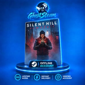 以下が含まれることがあります： Silent Hill townfallのゲームカバーを表示するデジタルディスプレイ。赤いベストとニット帽を着用した人物がデバイスを見ている様子が描かれています。ディスプレイにはGhostSteam、Offline Account、Lifetime Access、Instant Delivery、Verified Accountというテキストが含まれています。