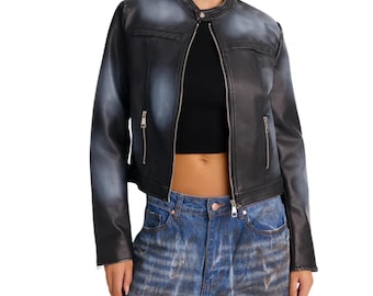 May include: A black leather jacket featuring a faded grey gradient effect, a mandarin collar, and a full-length silver-toned front zipper. The jacket includes two vertical zippered pockets on the chest and long sleeves with a smooth, structured finish.