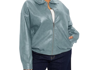 May include: A dusty blue faux leather bomber jacket featuring a classic collar, a full-length front zipper closure, long sleeves with cuffs, and an elasticized hemline. The jacket has a smooth, semi-matte finish and two side pockets.