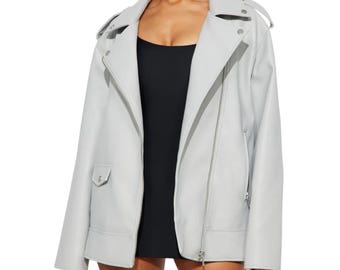 Womens Light Gray Sheep Leather Oversized Biker Jacket Soft Real Leather Motorcycle Outerwear Coat