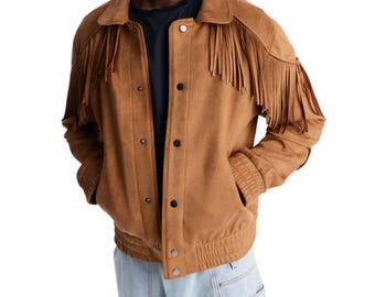 Mens Brown Suede Fringe Jacket Western Cowboy Leather Coat Vintage Tassel Rancher Bomber Jacket