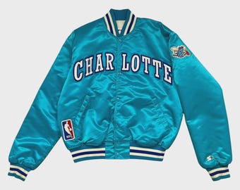 Kurtka bomberka Charlotte Hornets z satyny z lat 90. w stylu uniwersyteckim, w stylu Letterman