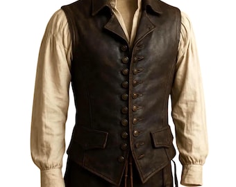 May include: A dark brown leather vest with a button-up front, two pockets, and a notched collar. The vest is worn over a cream-colored long-sleeved shirt. The vest has a vintage or rustic appearance.