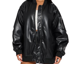 Women's Black Sheepskin Leather Oversized Bomber Jacket Streetwear, Cozy Fall Outerwear Casual Edgy Coat