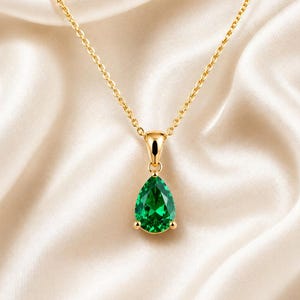 Emerald Green CZ Teardrop Pendant Necklace, 18K Gold Plated, Minimalist Jewelry
