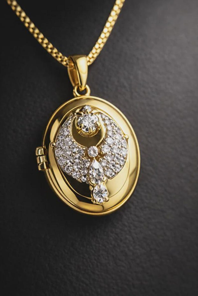 Crescent Moon Star Locket, Oval Photo Necklace, Brass Locket Pendant ...