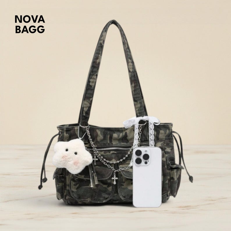 Camouflage Shoulder Tote Bag Kawaii Charm Multi Pocket Large Capacity Crossbody
