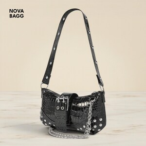 Black Crocodile Shoulder Bag Chain Strap Buckle Studded Grunge Punk Handbag