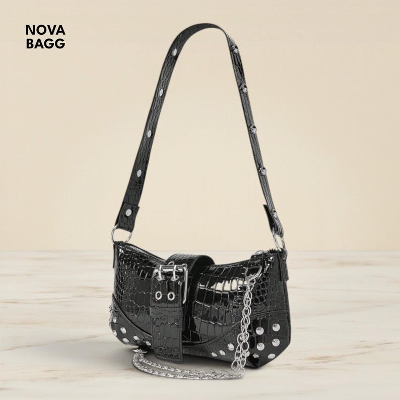 Black Crocodile Shoulder Bag Chain Strap Buckle Studded Grunge Punk Handbag