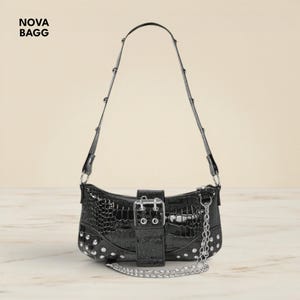 Black Crocodile Shoulder Bag Chain Strap Buckle Studded Grunge Punk Handbag