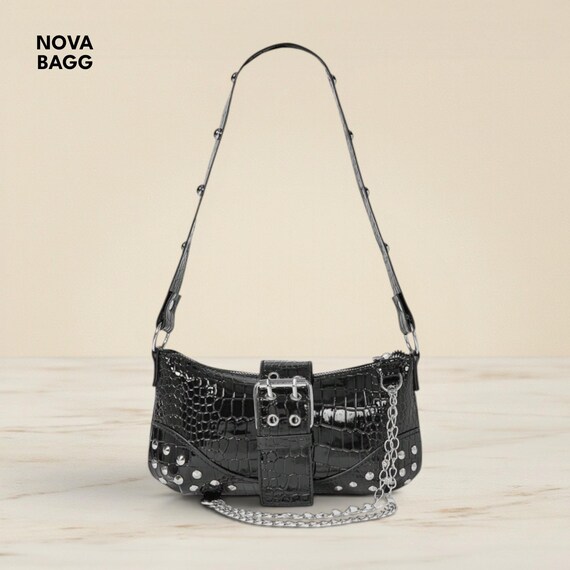 Black Crocodile Shoulder Bag Chain Strap Buckle Studded Grunge Punk Handbag