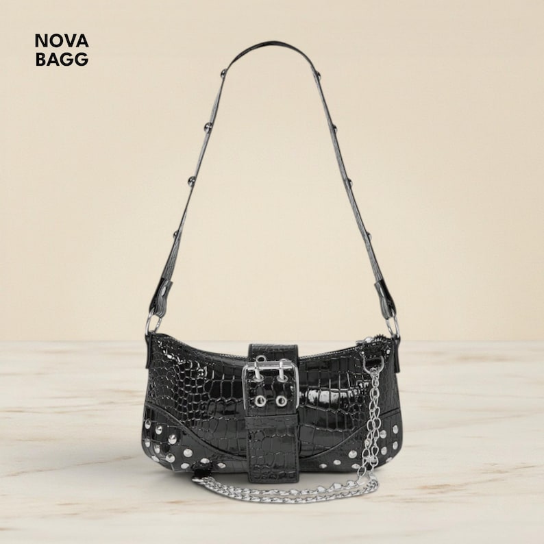 Black Crocodile Shoulder Bag Chain Strap Buckle Studded Grunge Punk Handbag