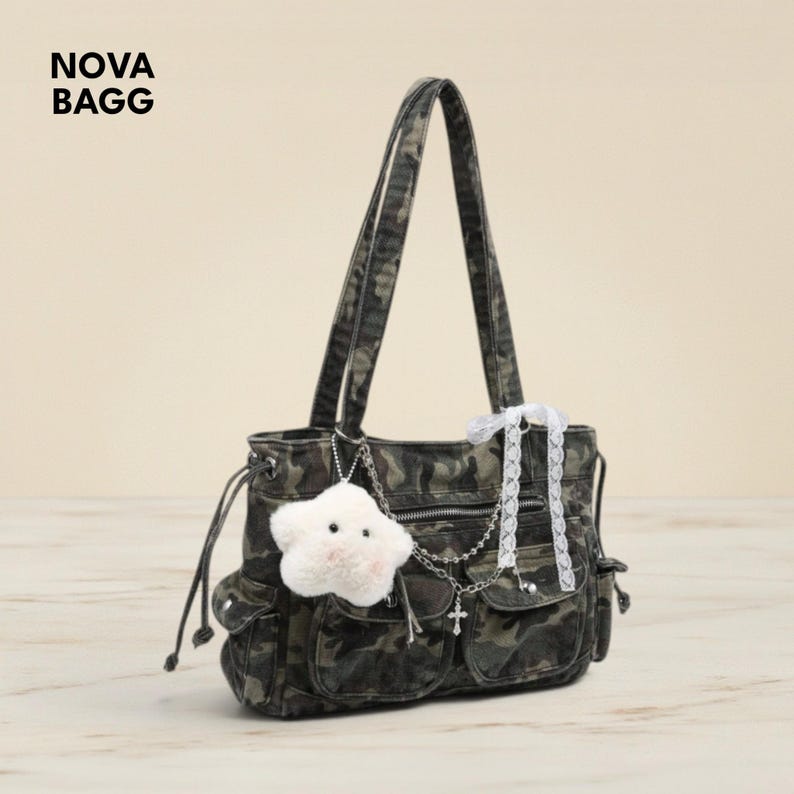 Camouflage Shoulder Tote Bag Kawaii Charm Multi Pocket Large Capacity Crossbody